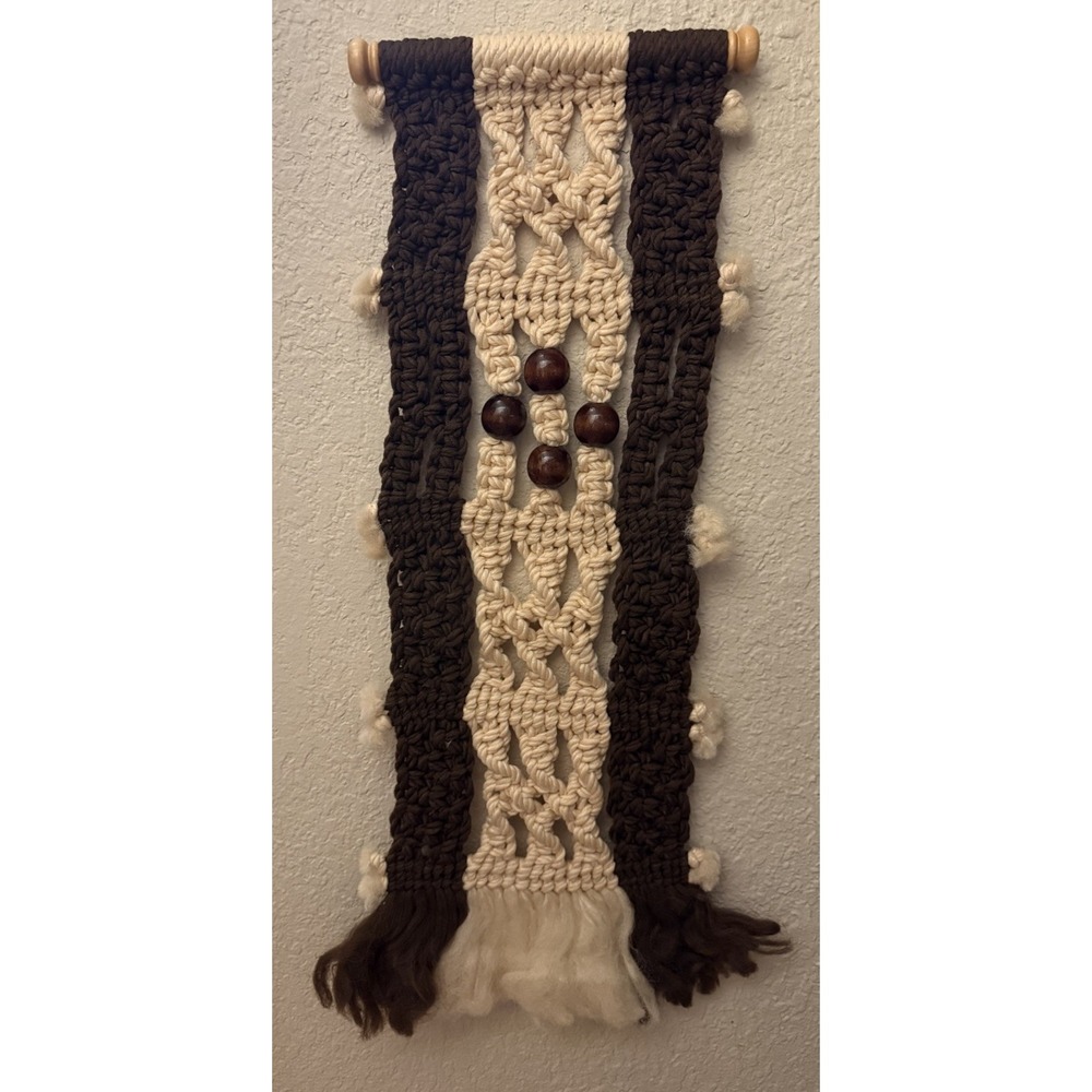 Vintage MACRAME Beige Brown Wall Hanging Boho Wood Beads 70s Fiber Art Decor